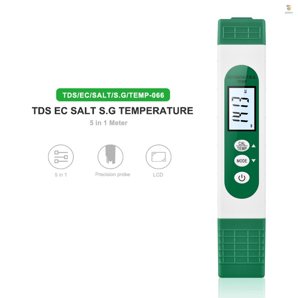 Bút Phân Tích Chất Lượng Nước 5 Trong 1 EC / TDS / S.G / Muối / Nhiệt Độ Nước Kỹ Thuật Số LCD Cho Gia Đình Aquariu