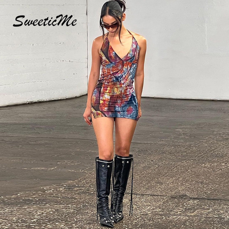 Đầm Mini Hai Dây Hở Lưng Dáng Ôm Màu Tương Phản Thời Trang Mới 2023 Dành Cho Bạn Nữ