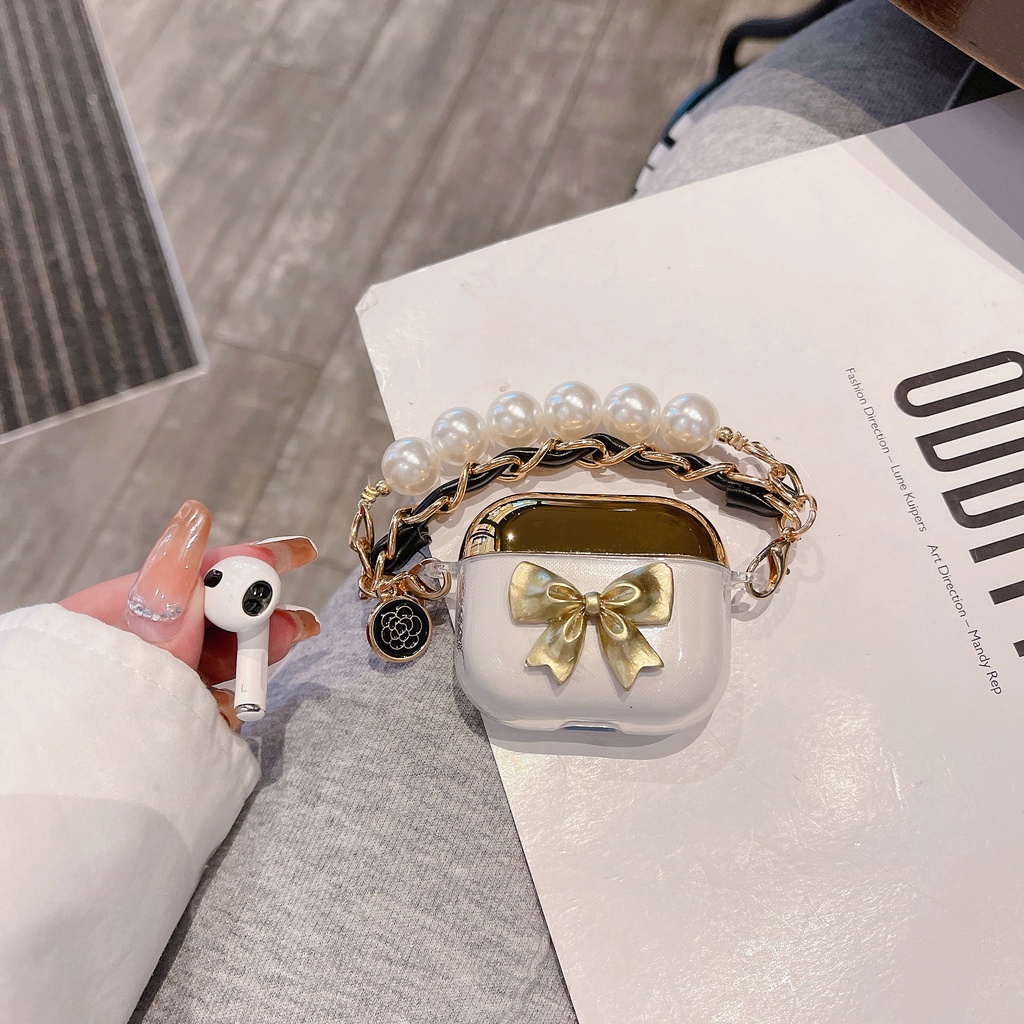 Vỏ Bảo Vệ Hộp Sạc Tai nghe không dây AirPods 1 / 2 / 3 Pro2 2022 Bằng Silicon tpu Mềm Trong Suốt Đính Nơ 3D Mạ Điện