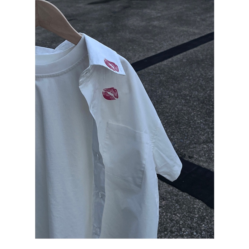 Áo Sơ Mi Ngắn Tay Dáng Rộng In Hình Đôi Môi Thời Trang Mùa Hè Hàn Quốc Dành Cho Bé Trai