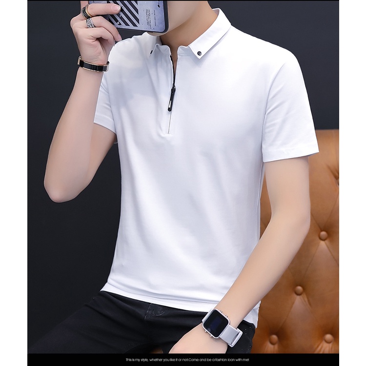 Áo Thun POLO Màu Đen Tay Ngắn Dáng Ôm Có Khóa Kéo Thời Trang Mùa Hè Cho Nam