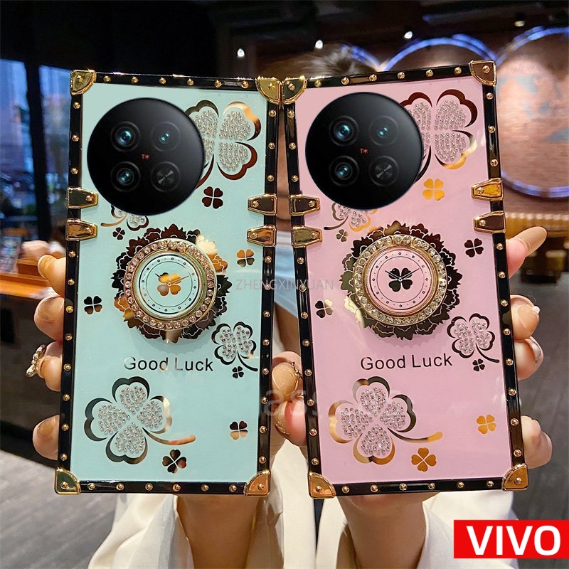 Ốp Điện Thoại Hình Cỏ Ba Lá Đính Đá Gắn Nhẫn Đỡ Chống Sốc Vivo X90 PRO Plus VIVOX90 PRO X90Pro X90ProPlus X90Pro +