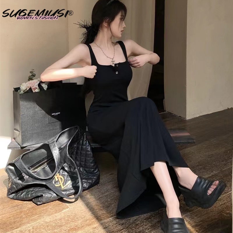 Sugemiusi Đầm Dài Dáng Chữ a Không Tay Cao Cấp Màu Đen Trơn Phong Cách Mùa Hè Mới Cho Nữ