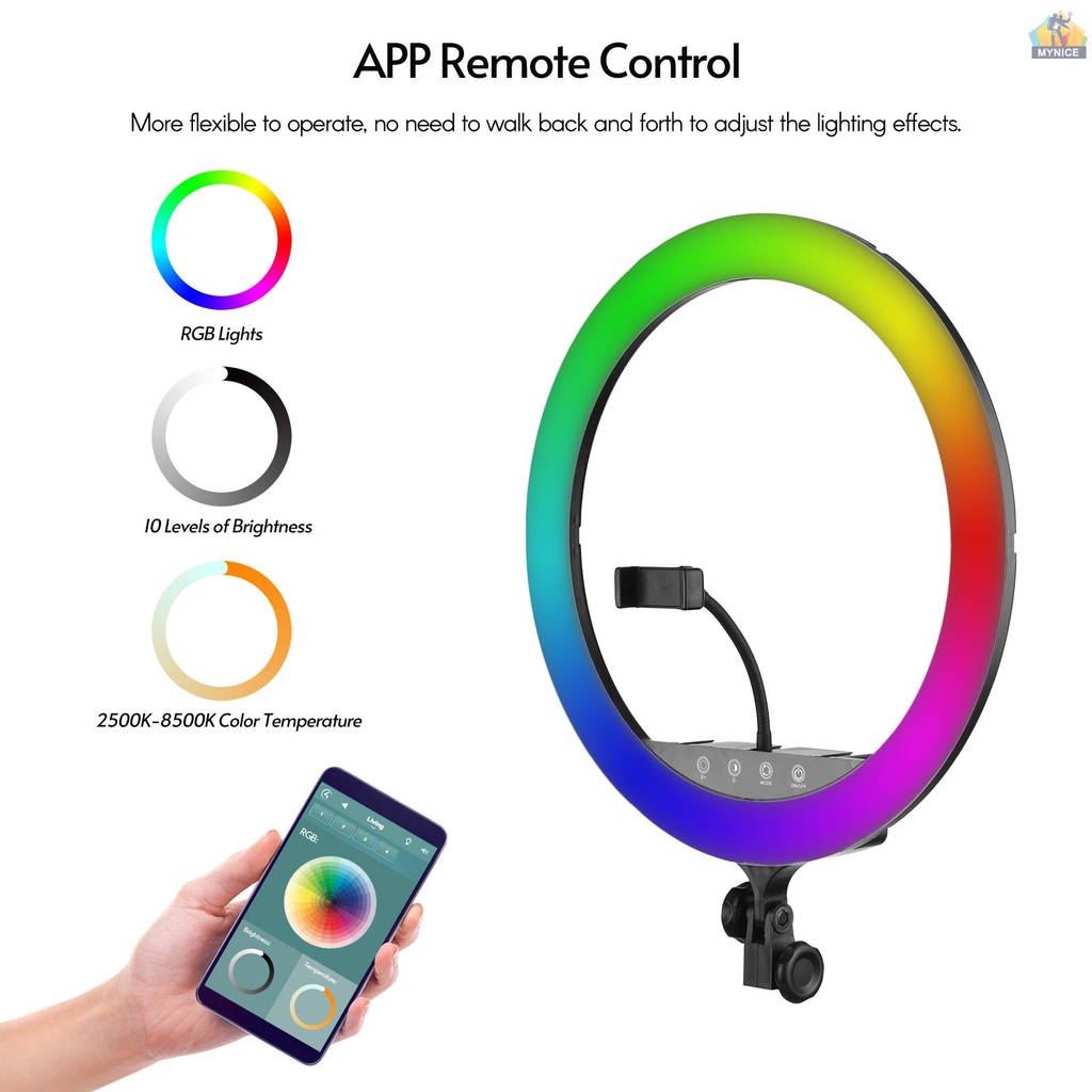 ANDOER Vòng Đèn LED 18 Inch RGB 2500K-8500K Cảm Ứng Điều Chỉnh Được + 190cm / 75in Kẹp Điện Thoại Linh Hoạt + Dây Điện Thoại