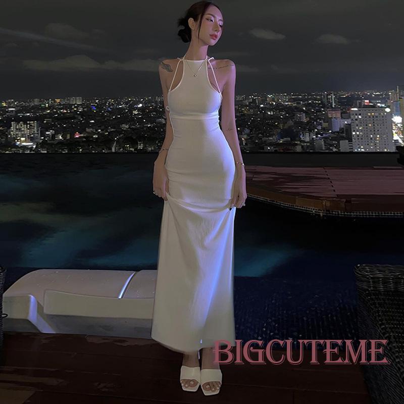 [] - Đầm Dài Ôm Dáng Không Tay Hở Lưng Buộc Dây Màu Trắng Mùa Hè Cho Nữ