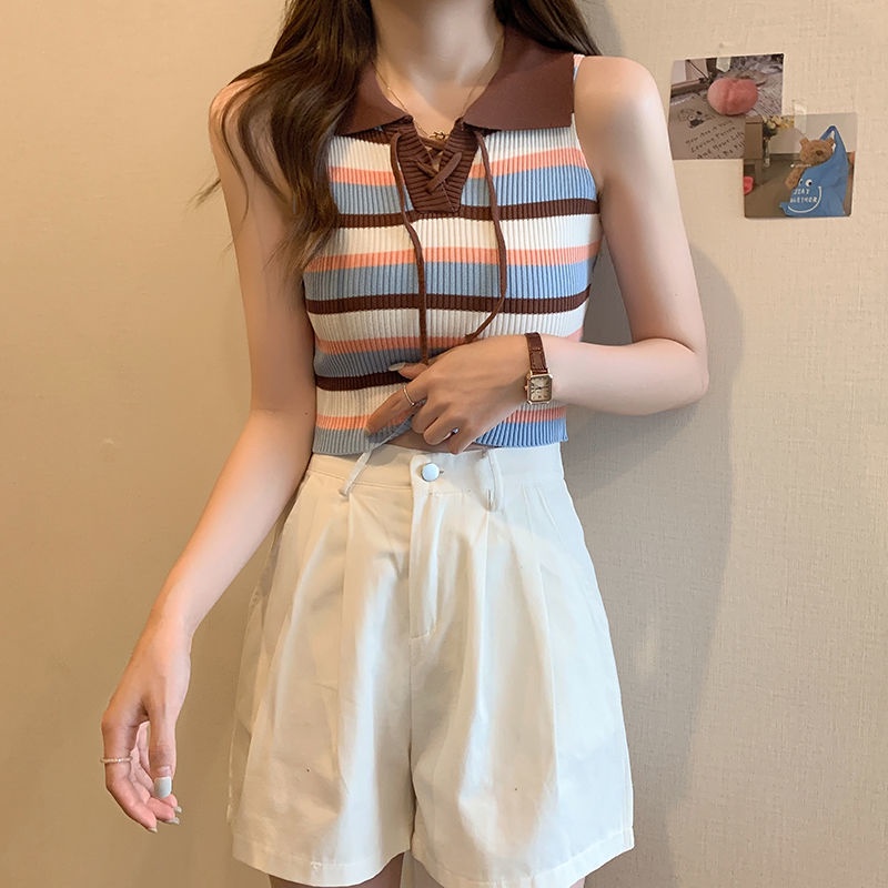 Áo Hai Dây Cổ Polo Họa Tiết Kẻ Sọc Màu Tương Phản Phong Cách Retro Thời Trang Mùa Hè Cho