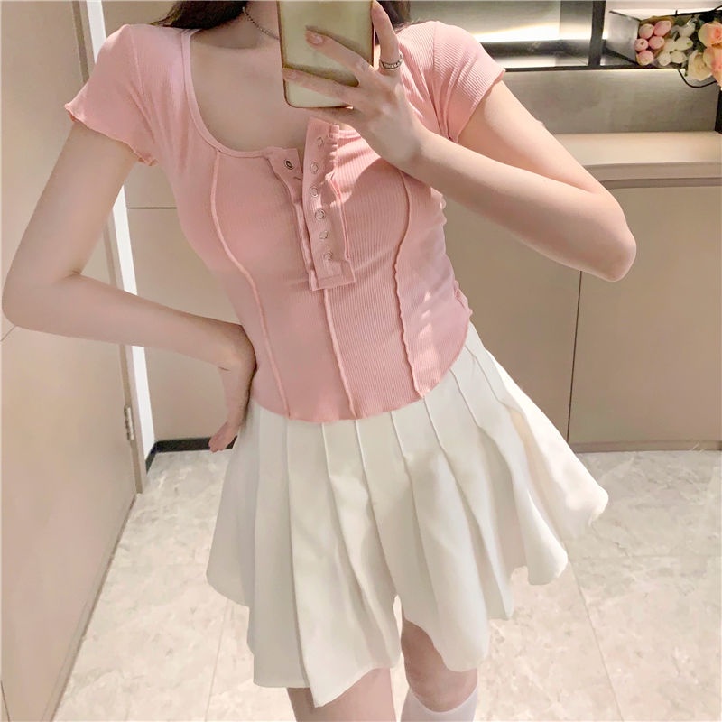 IELGY Áo Thun Nữ Ngắn Tay Lệch Tà Thời Trang