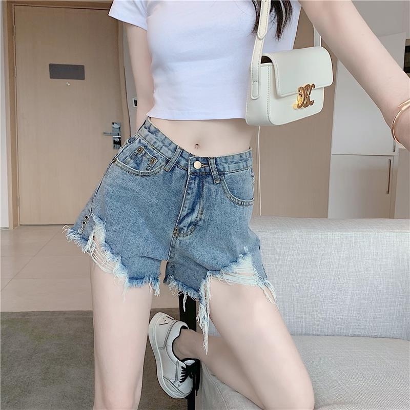 Quần Short Denim Mỏng Dáng Chữ A Lưng Cao Phối Rách Thời Trang Mùa Hè 2023 Cho Nữ