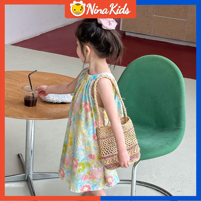 Đầm Hai Dây Không Tay In Hoa Phong Cách Hàn Quốc Cho Bé Gái 1-6 Tuổi