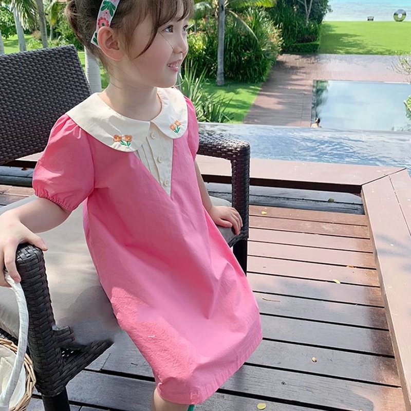 Đầm Cotton Cổ Búp Bê Thêu Họa Tiết Dễ Thương Phong Cách Hàn Quốc Thời Trang Mùa Hè Cho Bé Gái 1 -