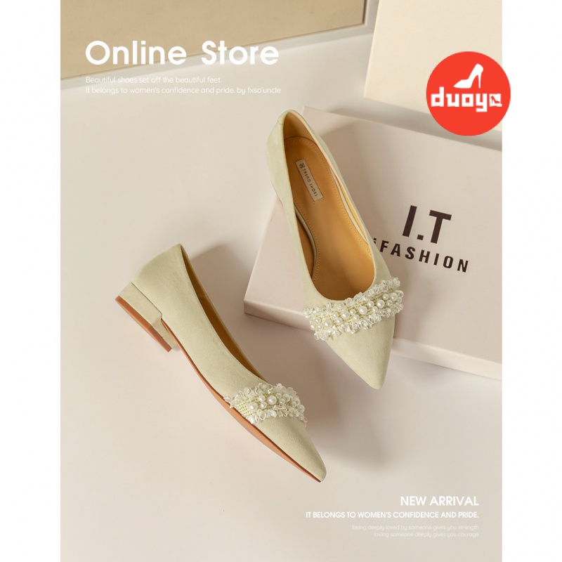 Duoya Giày Gót Thấp Dày Dặn Đính Ngọc Trai Phong Cách Mới Mùa Thu 2022 Cho Nữ
