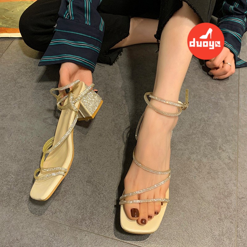 Duoya Tóc Thẳng ~ [Hàng Có Sẵn] Sandal Cao Gót Dày Dây Buộc Hình Rắn Đính Đá Bạc Dành Cho Nữ Miễn Phí Vận Chuyển
