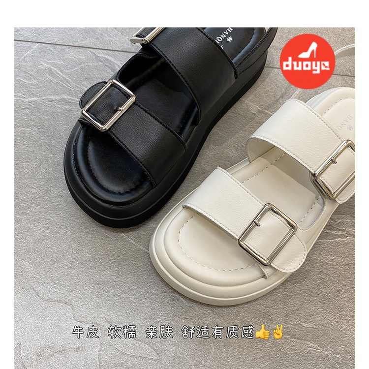 Duoya Tóc Thẳng ~ [Hàng Có Sẵn] Giày Sandal Đế Dày Hở Ngón Bằng Da Mềm Có Khóa Kim Loại Thời Trang Mùa Hè Cho Nữ Miễn Phí Vận Chuyển