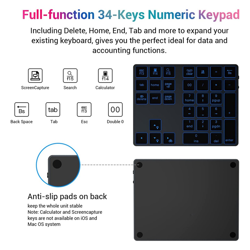 Bàn Phím Số Không Dây Bluetooth 34 Phím Có Đèn Nền 7 Màu Dành Cho Windows PC