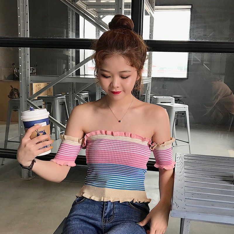 IELGY        Áo Thun Len Dệt Kim Trễ Vai Tay Ngắn Họa Tiết Kẻ Sọc Nhiều Màu Sắc Dành Cho Nữ