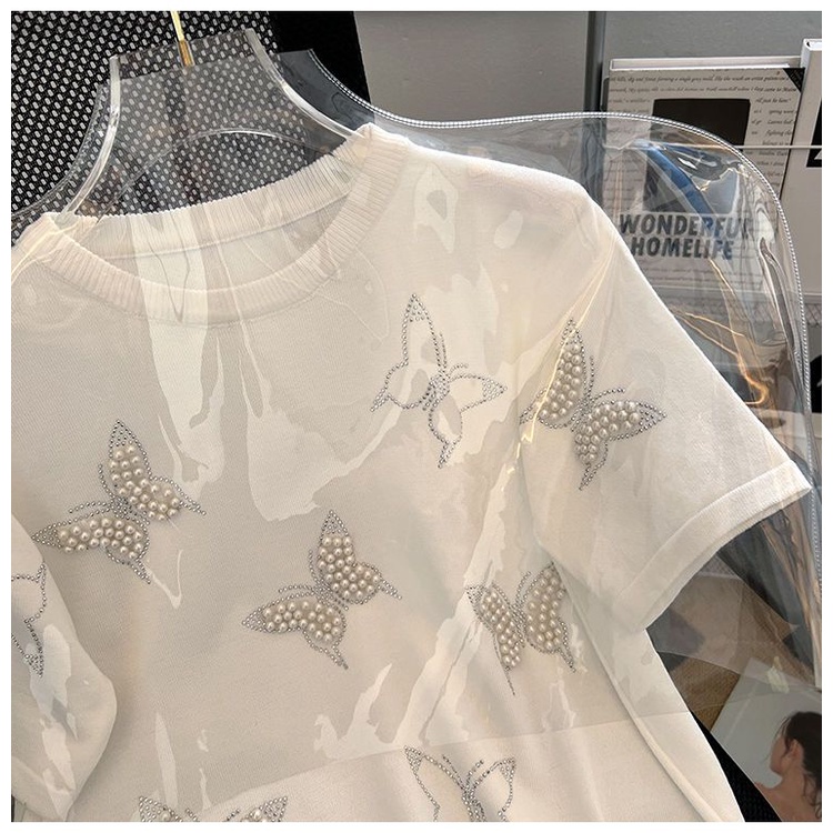 Áo Thun Dệt Kim Tay Ngắn In Hình Bướm Đính Hạt Thời Trang Mùa Hè Cho Nữ