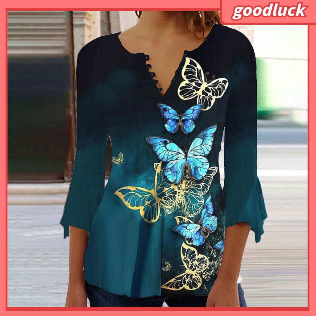 [ULK] Áo Sơ Mi Tay Lửng Dáng Rộng Cổ Chữ V In Hoa Một Hàng Nút Thời Trang Xuân Hè