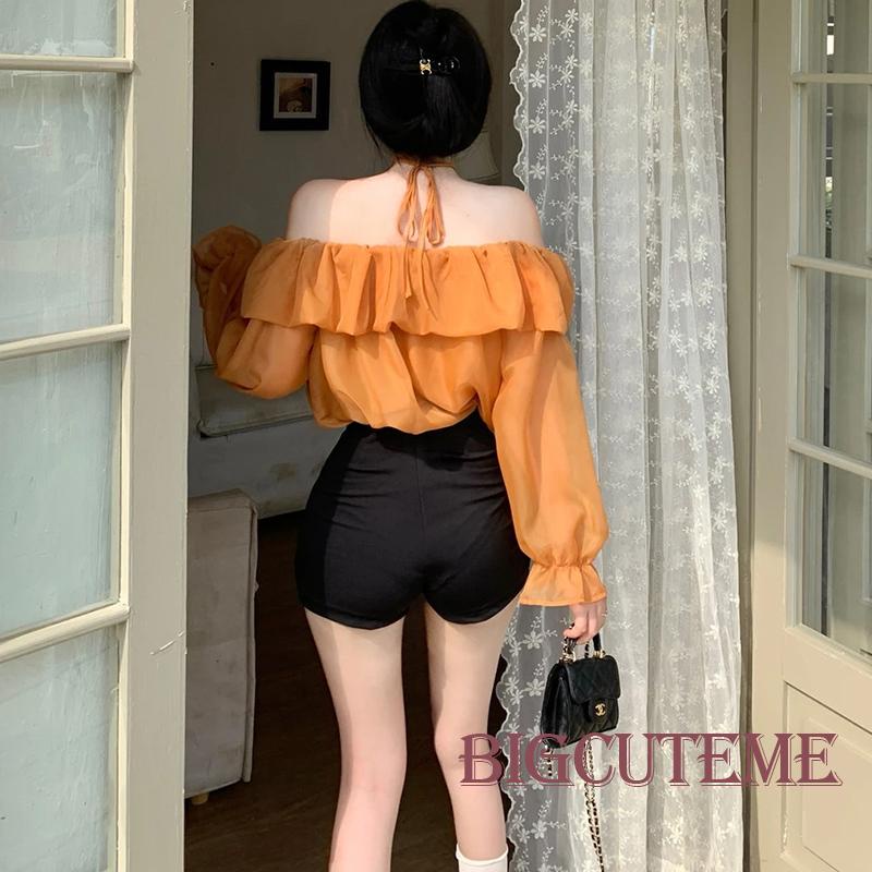 Set Áo Trễ Vai Xuyên Thấu Dài Tay + Vòng Cổ Hoa Thời Trang Dành Cho Nữ