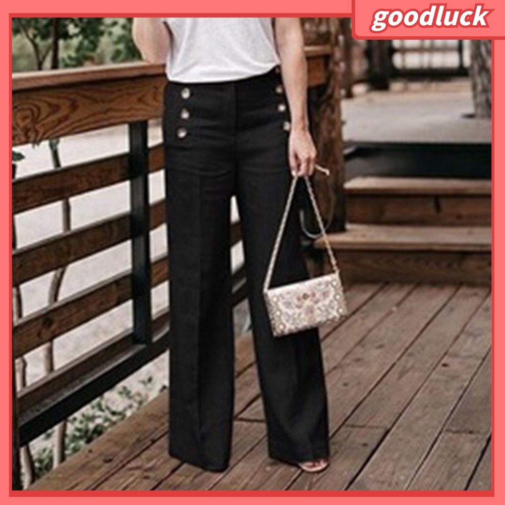 Quần Dài Vải Lanh Cotton Ống Rộng Cài Nút Màu Trơn Lưng Cao Thời Trang Cho Nữ