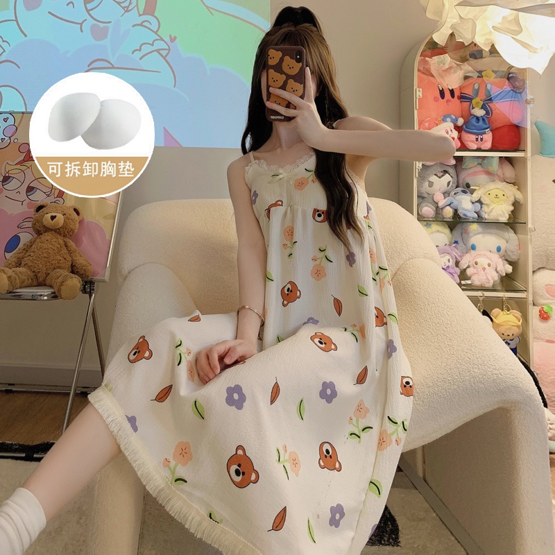 Đầm Ngủ cotton Hai Dây Có Mút Đệm Ngực In Họa Tiết Hoạt Hình Dễ Thương Thời Trang Mùa Hè Cho Nữ