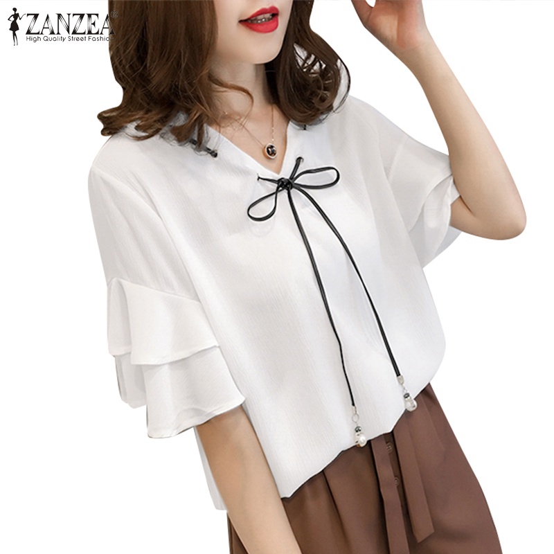 Zanzea Áo Kiểu Tay Phồng Cổ Chữ V Thắt Dây Phong Cách Hàn Quốc Dành Cho Nữ