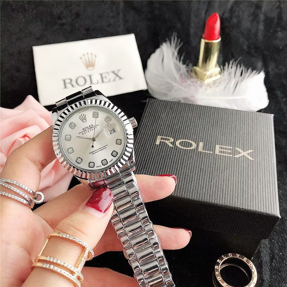 Đồng Hồ Rolex Mặt Tròn Đính Kim Cương Dây Da Thép Không Gỉ Thời Trang Cho Cặp Đôi