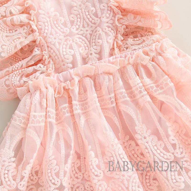 Đầm Liền Thân Tay Bèo Phối Ren Màu Trơn Thời Trang Mùa Hè Cho Bé Gái 0-24 Tháng Tuổi