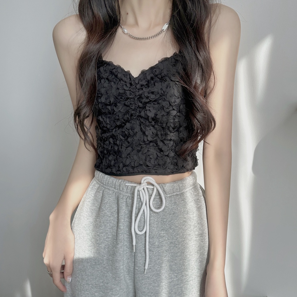 Suxi Áo Tank Top Hai Dây Màu Trơn Họa Tiết Hoa Có Đệm Ngực Cho Nữ