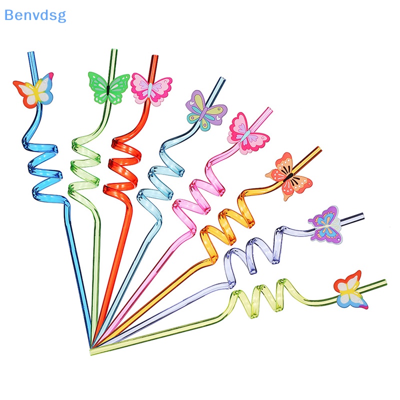Bộ 8 Ống Hút Nhựa Hình Bướm Hoạt Hình Tái Sử Dụng Được DIY
