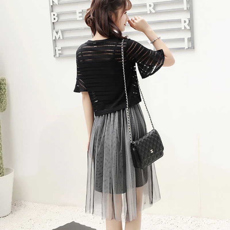 Bộ Đầm Hai Dây Phối Lưới Ôm Eo Cỡ Lớn Thời Trang Mùa Hè