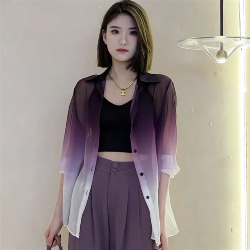 Áo Sơ Mi Chiffon Mỏng Dáng Rộng Màu Gradient Thời Trang Mùa Hè Hàng Mới Dành Cho Bạn Nữ