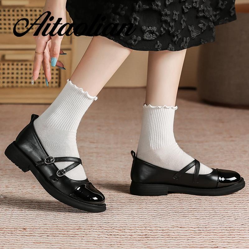 Giày Da Mũi Tròn 3cm Phong Cách lolita Đơn Giản Cho Nữ