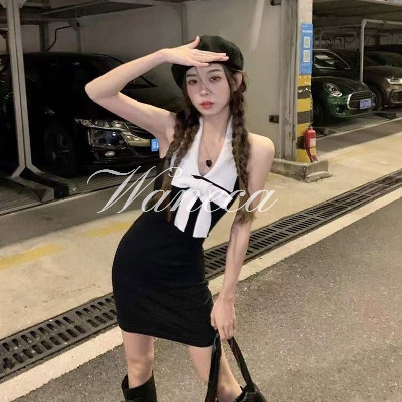 Waneca Đầm Cổ Yếm Thắt Nơ Dáng Ôm Phong Cách Pháp Thời Trang Mùa Hè Xinh Xắn Cho Nữ