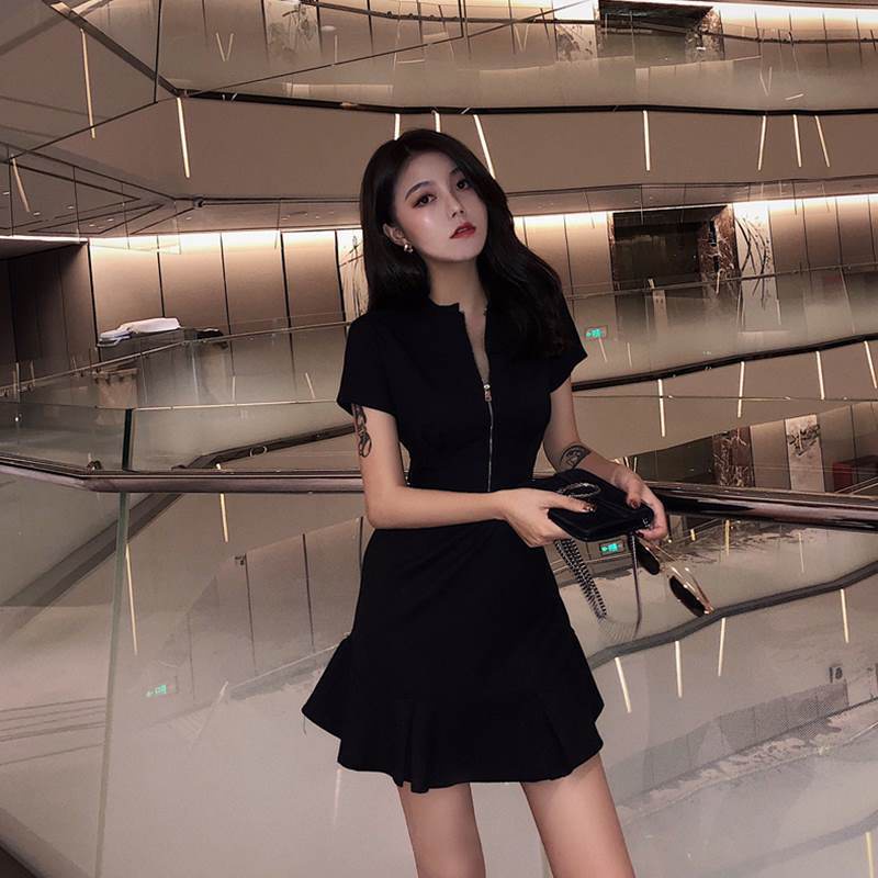 Đầm Body khóa kéo thiết kế ôm sát tôn dáng đầm dáng xòe tay ngắn đuôi cá mini Y2K