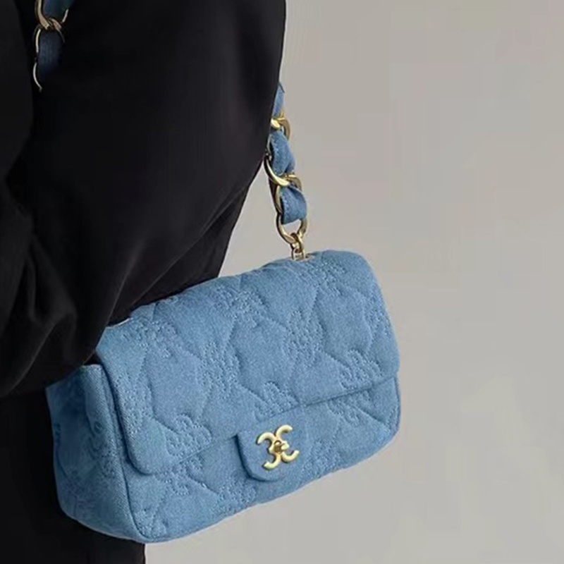 Túi Xách denim Cao Cấp Phối Dây Xích Phong Cách retro Dành Cho Nữ