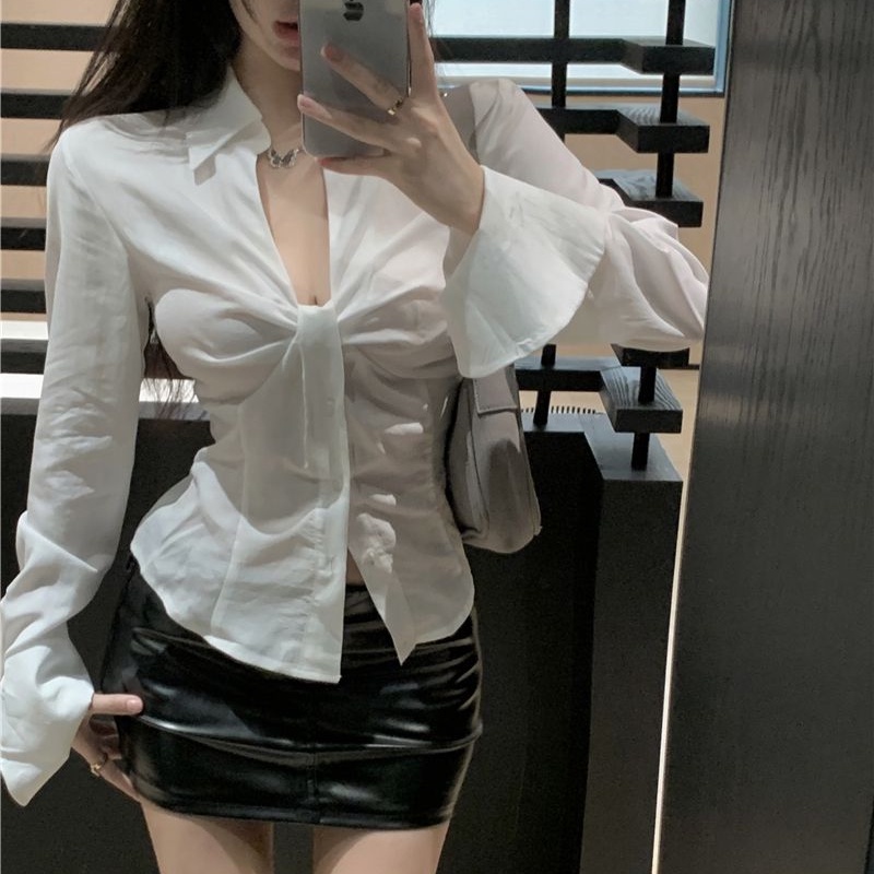 Áo kiểu COZOK tay dài cổ chữ V xếp ly dễ phối đồ thời trang