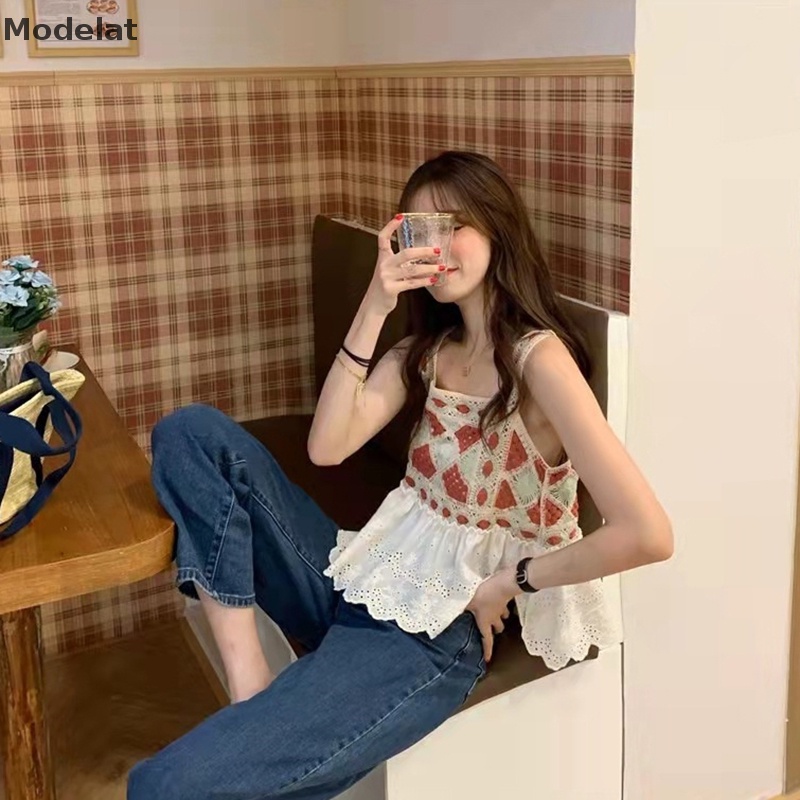 Áo Hai Dây Mùa Hè MFC Thêu Họa Tiết Rỗng Ghép Nối Cổ Điển Cho Nữ WTD