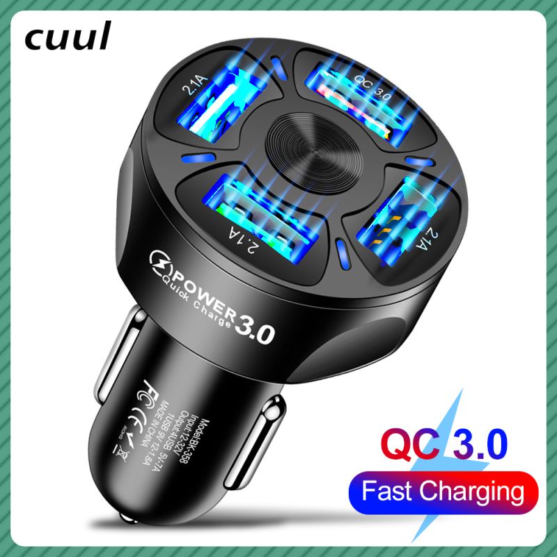 Trong kho 3A QC3.0 4 USB Car Charger PC vật liệu chống cháy ổn định hiện tại đầu ra LED ánh sáng một cho bốn xe sạc điện thoại COD