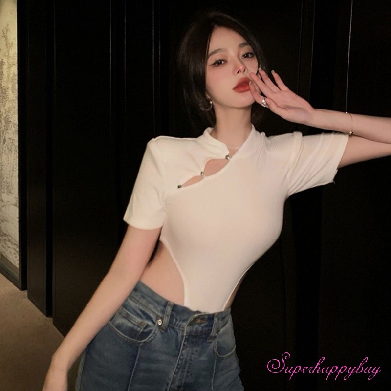 Bộ Áo Liền Quần Tay Ngắn Dáng Ôm Khoét Lỗ Eo Cao Màu Sắc Đơn Giản Thời Trang Cho Nữ