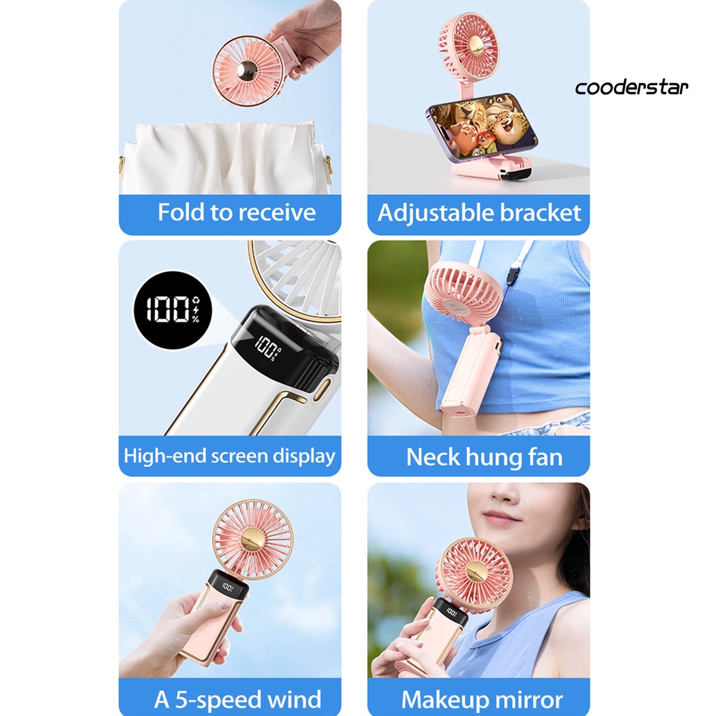 1 Bộ Quạt Làm Mát Cầm Tay 5 Bánh Răng Có Thể Gập Lại Màn Hình Kỹ Thuật Số Tiếng Ồn Thấp Cổng USB