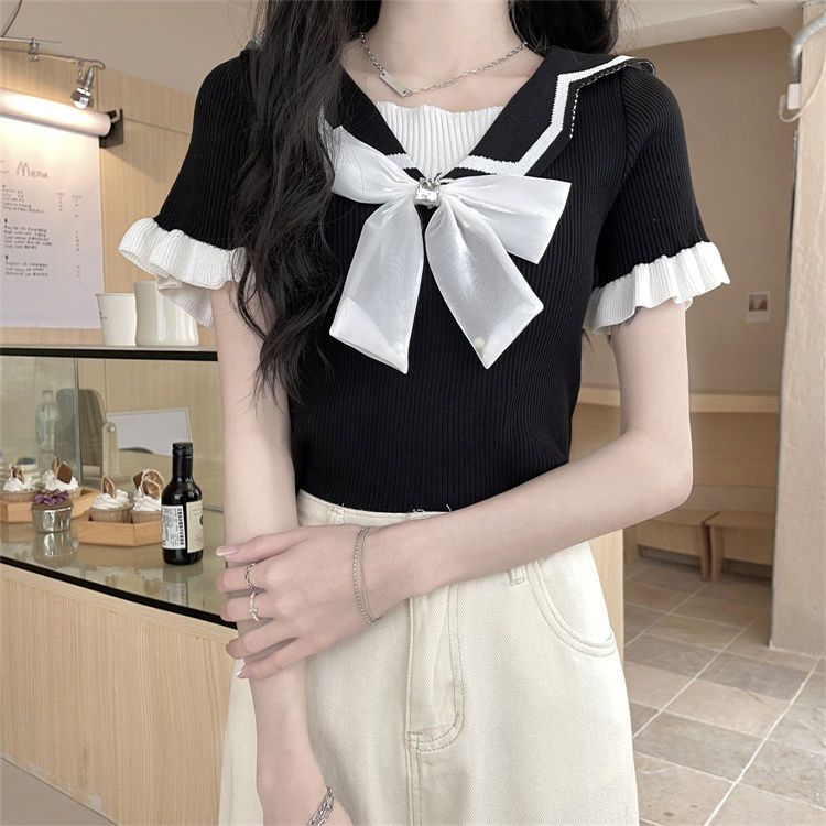 Áo Sơ Mi Dệt Kim Tay Ngắn Cổ polo Thắt Nơ Thiết Kế Ngọt Ngào Thời Trang Mùa Hè Mới Dành Cho Nữ