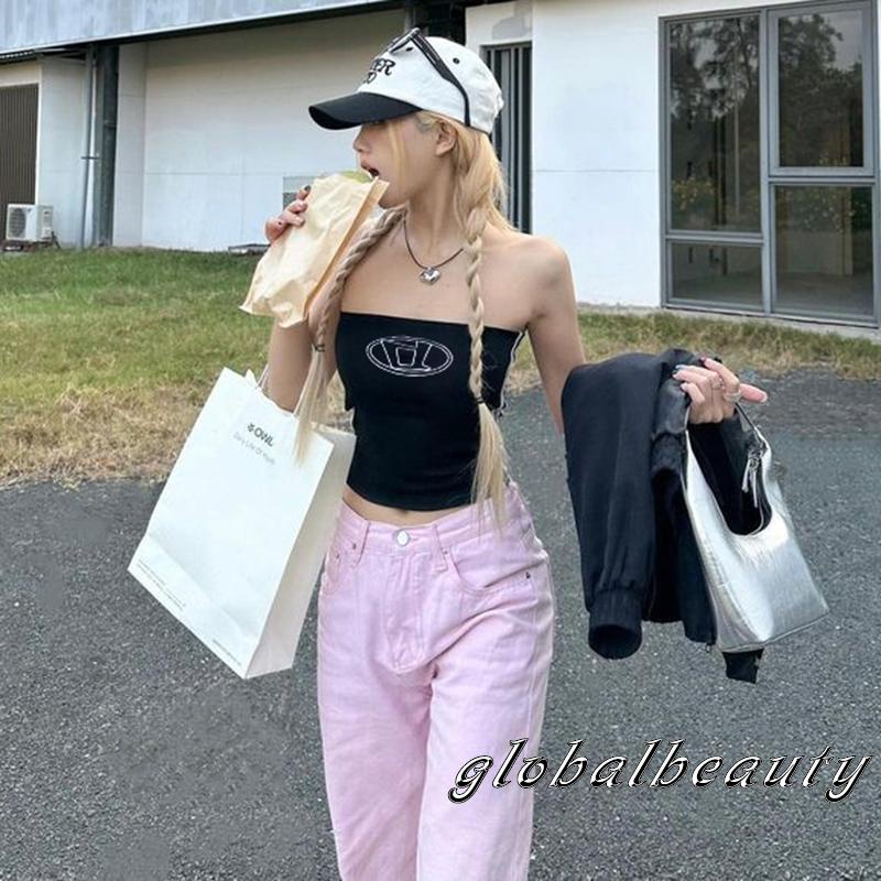 Áo Croptop Trễ Vai Không Dây Thêu Chữ Phong Cách Đường Phố Gợi Cảm