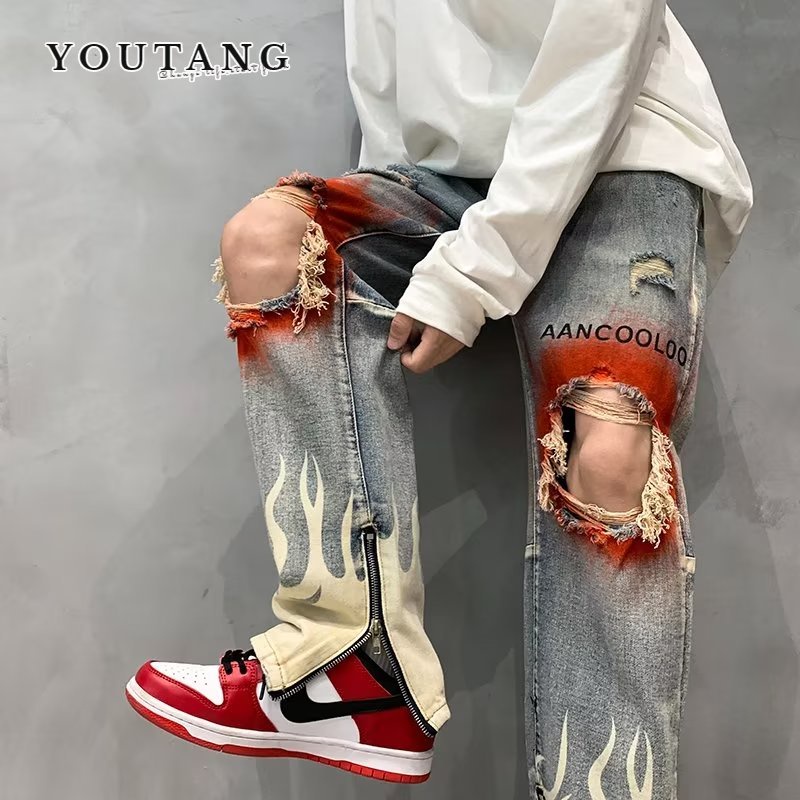 Quần jeans dài YOUTANG phối rách thời trang cá tính cho nam và nữ