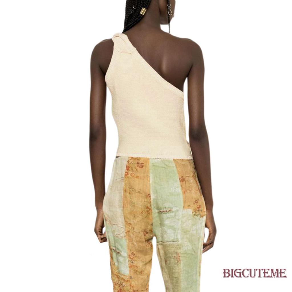 Áo Dệt Kim Sát Nách Màu Trơn Thắt Nơ Một Bên Vai Thời Trang Mùa Hè Cho Nữ