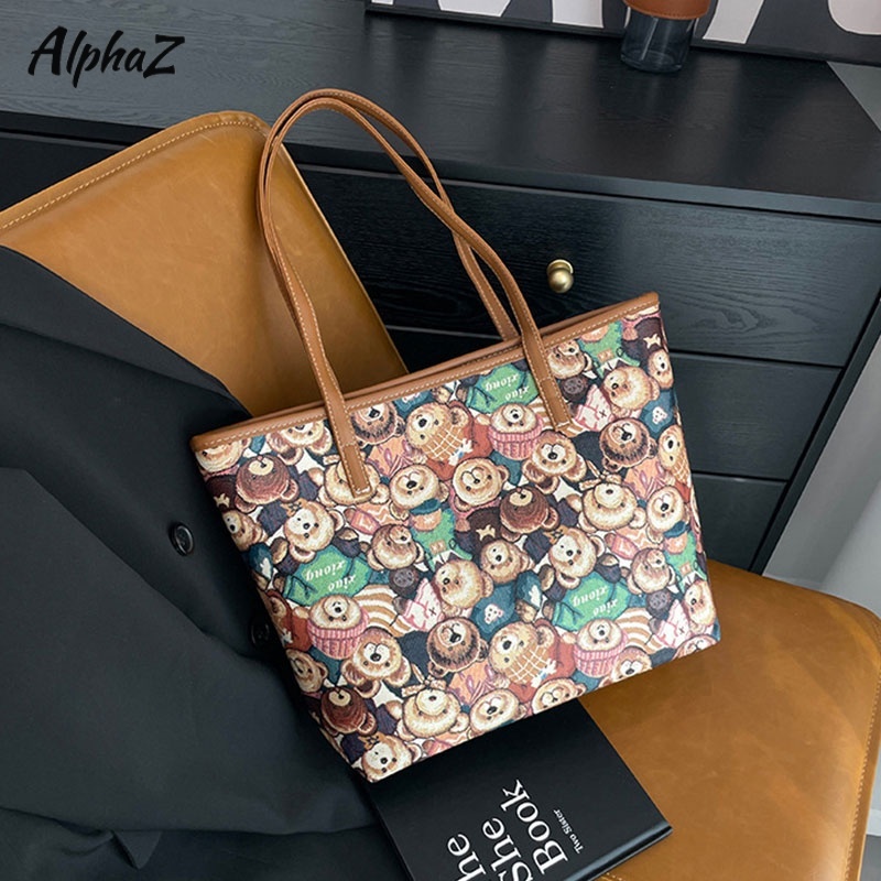 AlphaZ Túi Tote Đeo Vai Sức Chứa Lớn Họa Tiết Gấu Hợp Thời Trang Cho Nữ