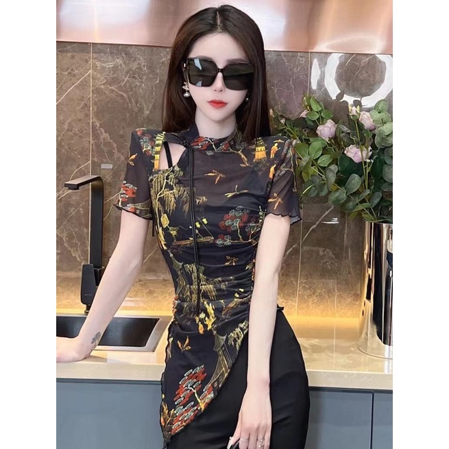 Áo Kiểu Cổ Đứng Tay Ngắn Cài Nút In Họa Tiết Phong Cách Trung Hoa Thời Trang Mùa Hè