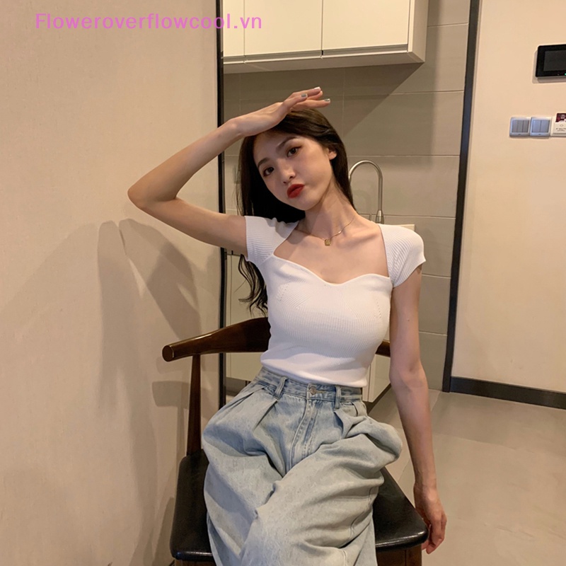 FOFC Sexy Square Neck Knitted T-shirt Summer Women Solid Color Short Sleeve Slim Pullovers HOT