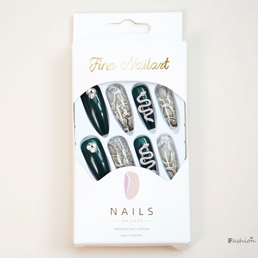 Móng Tay Giả Dài Màu Xanh Lá In Họa Tiết Da Rắn Chống Nhòe