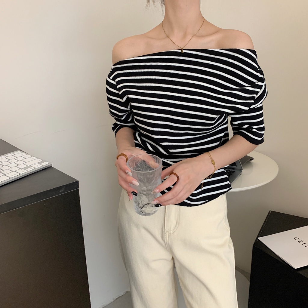 Áo Thun Tay Ngắn Kẻ Sọc Một Đường Kẻ Ôm Dáng Vừa Vặn Mùa Hè Hàn Quốc Cho Nữ