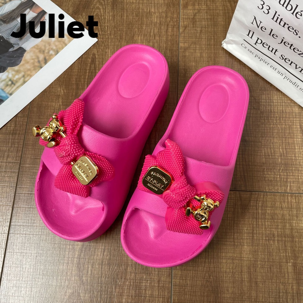 Juliet Dép bánh mỳ nữ-dép thái lan quai gắn nơ gấu hot ngang nâng đế 6 phân B20H12C